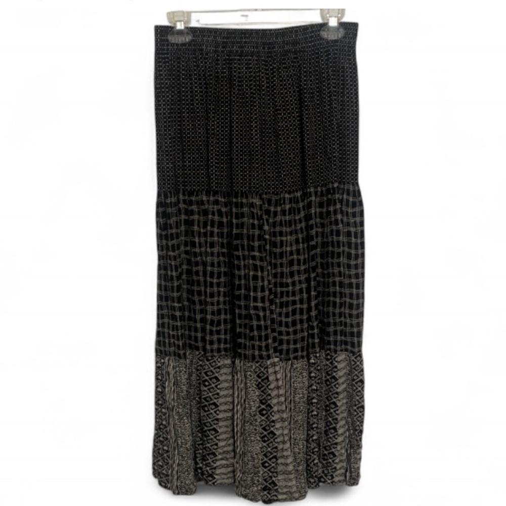 Vintage Koret Black Boho Patchwork Print Maxi Skirt